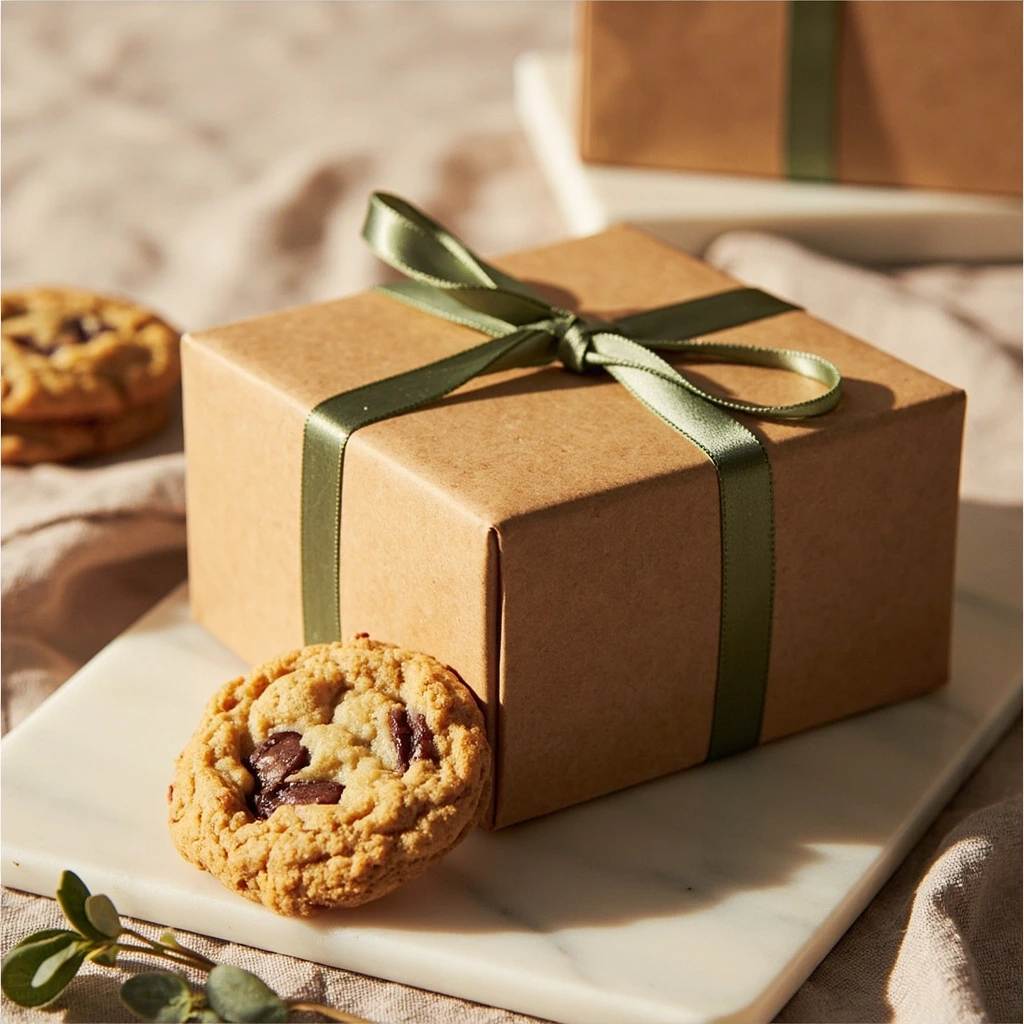 Kraft gift box tied with a sage-green satin ribbon