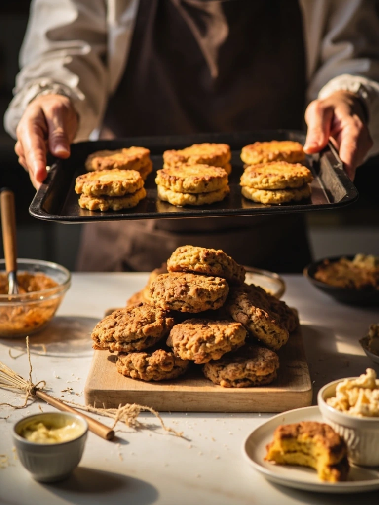 Baker pulling a tray of golden brown butter cookies from a warm oven