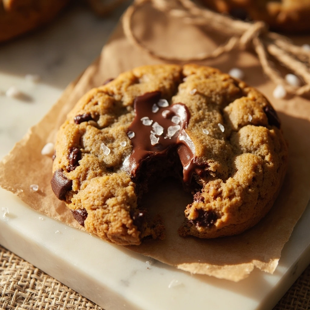 Dark chocolate chunk cookie on a marble slab