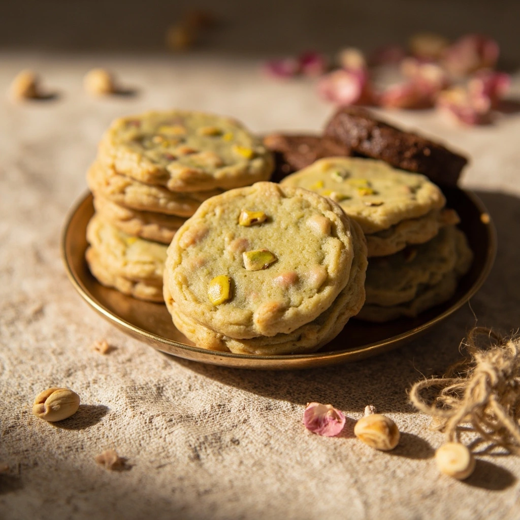 Pistachio rose cookie on a brass plate