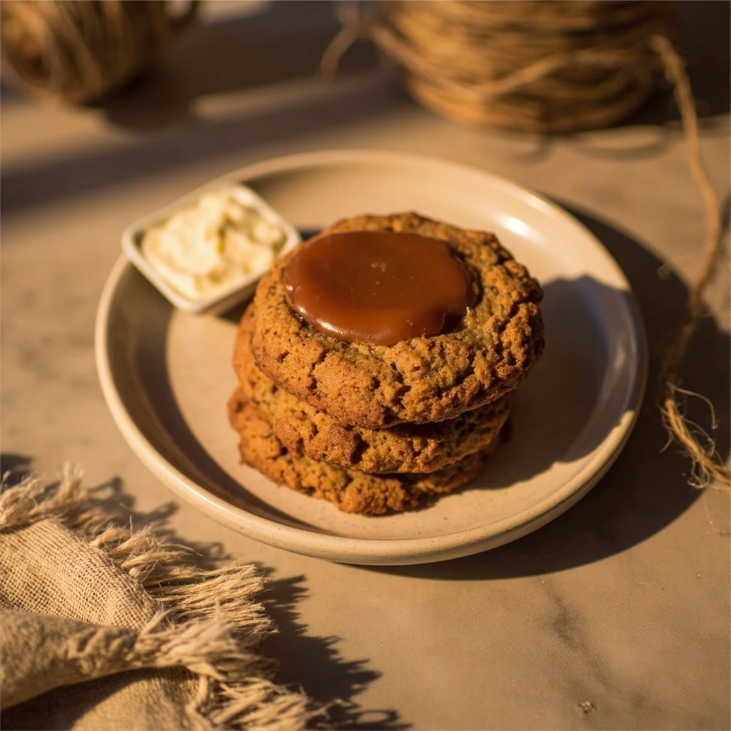 Miso caramel cookie on a ceramic plate