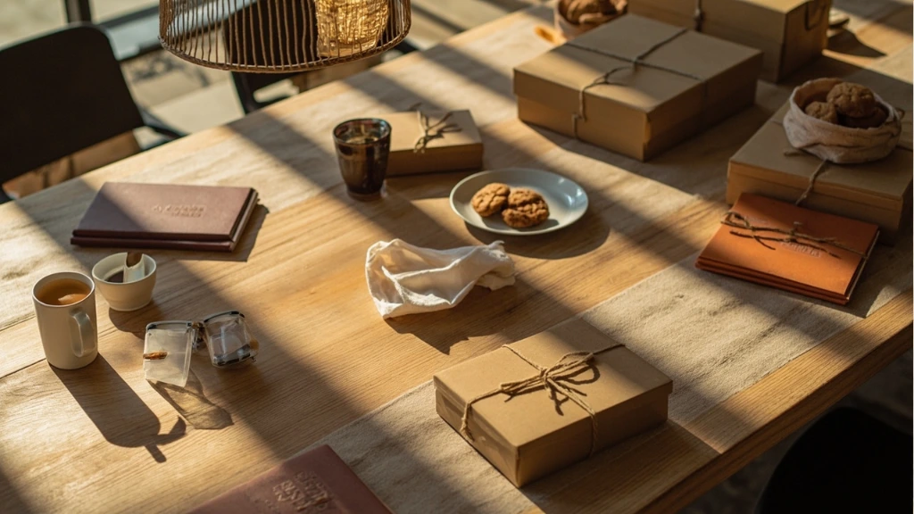 Branded FlipinGood cookie boxes arranged along a polished oak boardroom table.