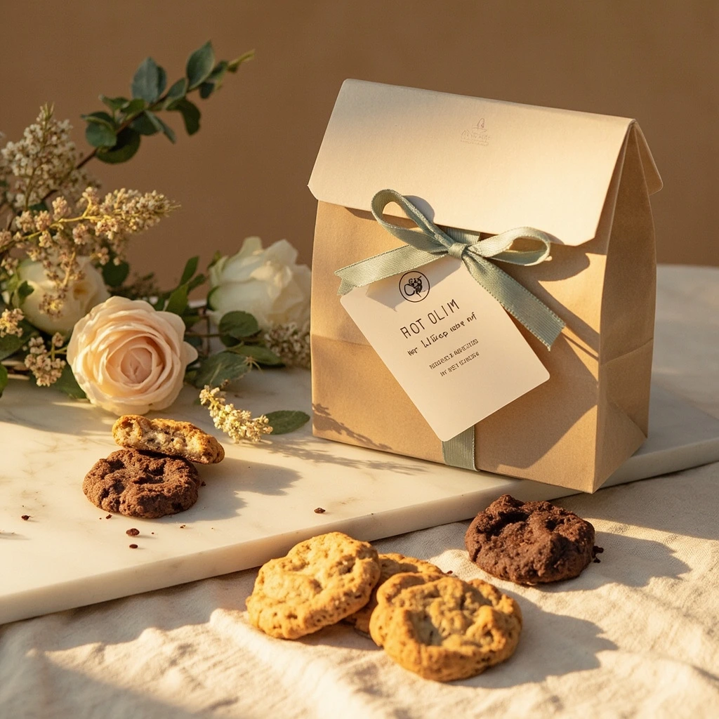 A linen wedding welcome bag with a small kraft cookie box and seasonal florals.