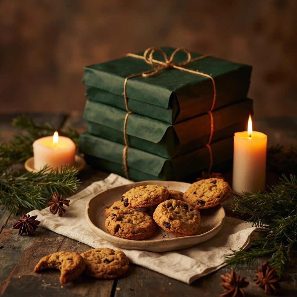 Holiday-wrapped FlipinGood boxes with brass seals and pine, lit by warm candlelight.