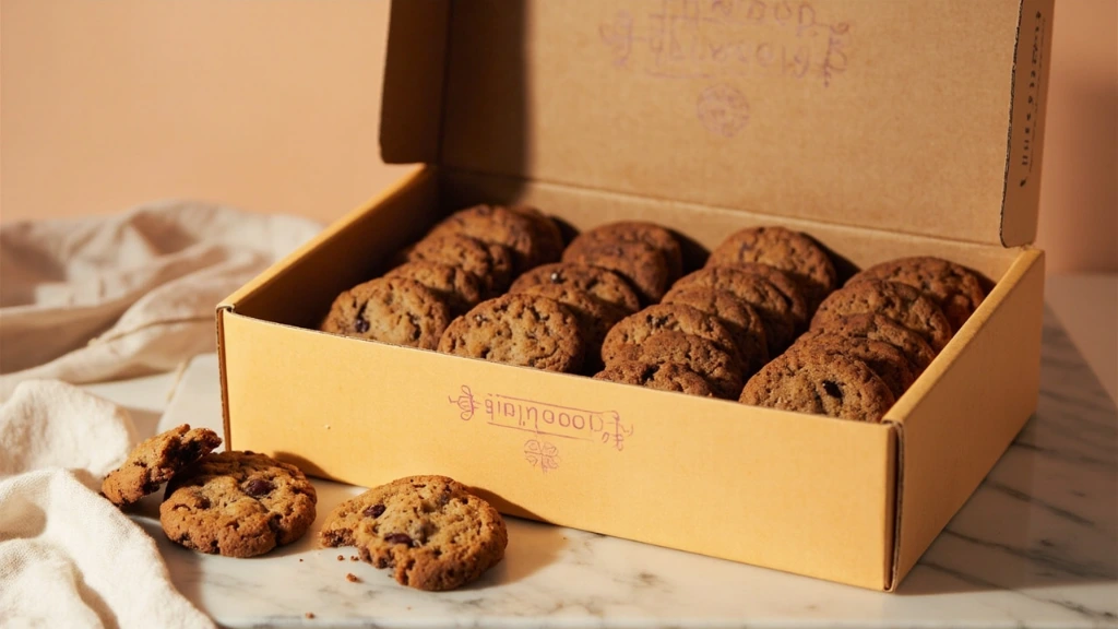 A 24-cookie corporate box open on marble showing the kraft paper liner and printed sleeve.