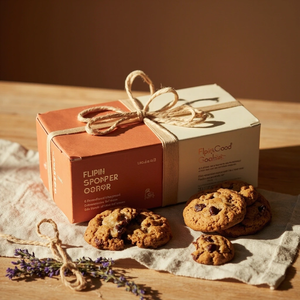 A 6-pack cookie box tied with twine beside a sprig of dried lavender.