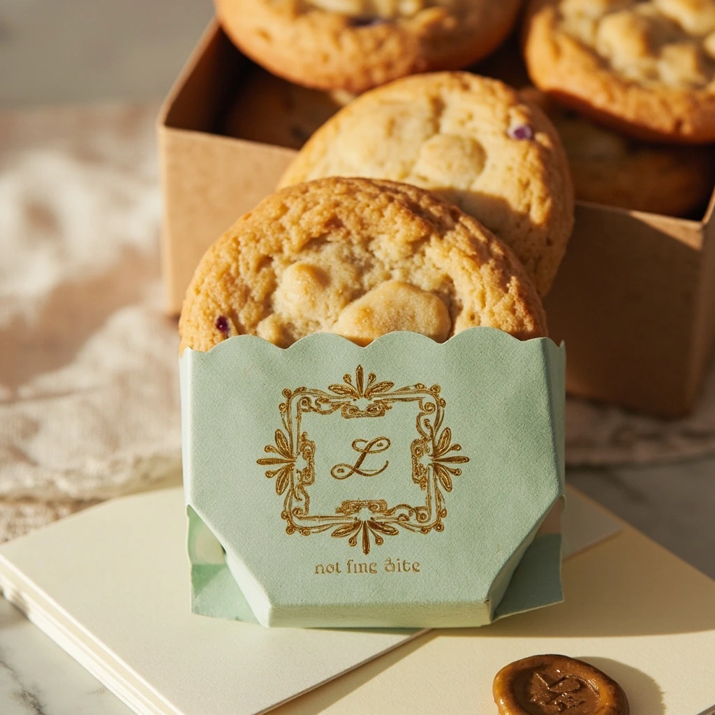 A sage-green wedding sleeve with a gold foil monogram beside ivory stationery.