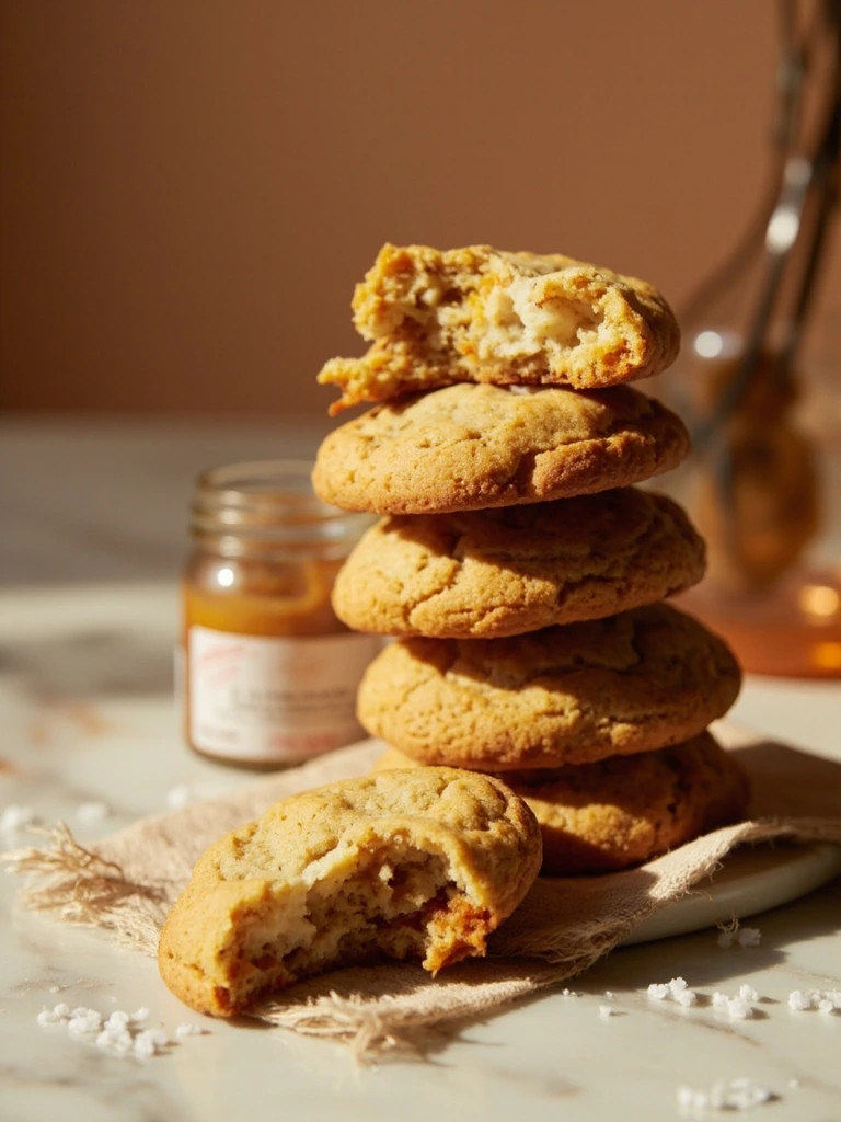 A stack of warm brown-butter cookies broken open to reveal a soft gooey center on a linen cloth.