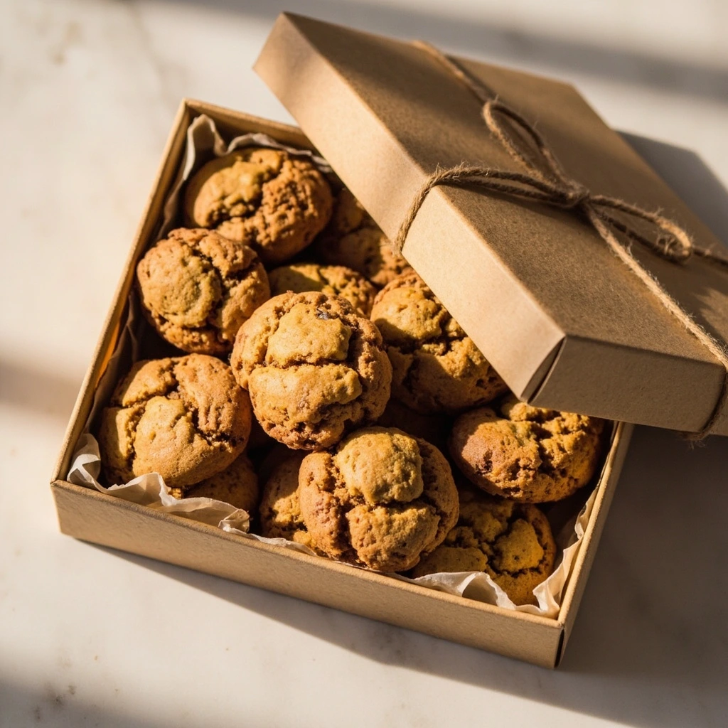 The Brown Butter Bite 12-Pack gift box tied with brown twine.