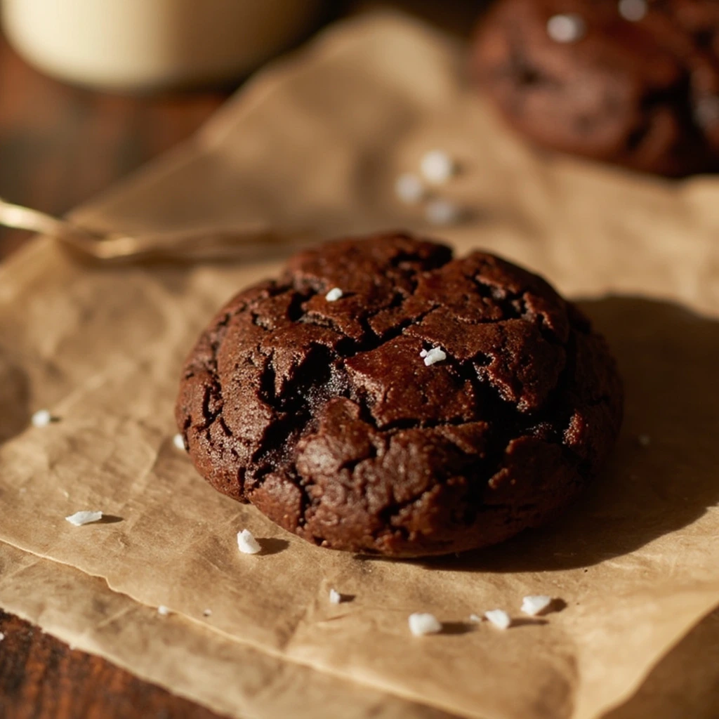 A dark chocolate brownie cookie with flaky sea salt.