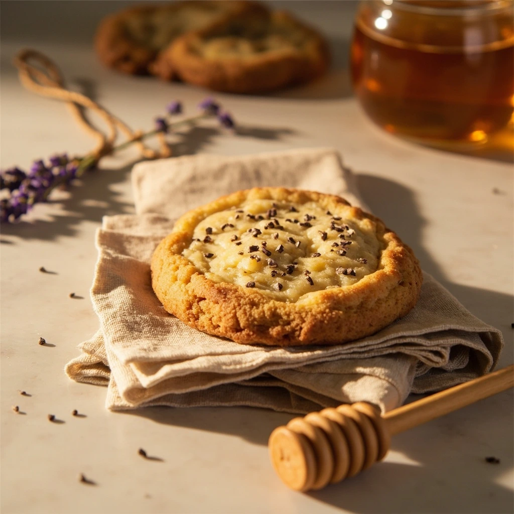 A toasted honey lavender cookie with dried lavender buds.