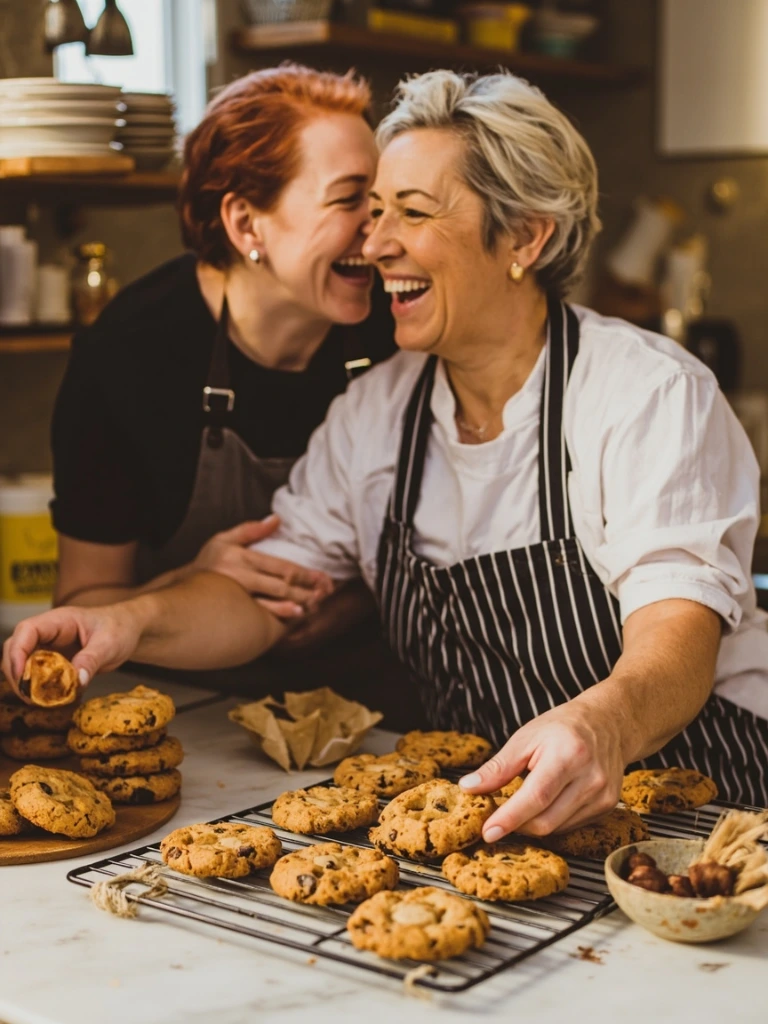 Maya Chen and Sofia Reyes laughing in the FlipinGood Brooklyn kitchen.
