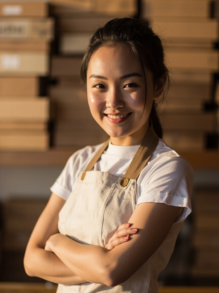 Portrait of Maya Chen, co-founder of FlipinGood Cookies, in the bakery.