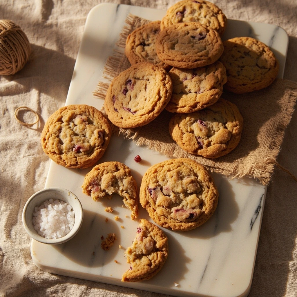 Freshly baked cookies on a marble slab, finished with flaky salt.