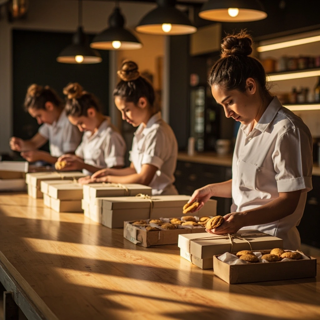 The packing team assembling gift boxes at the bakery.