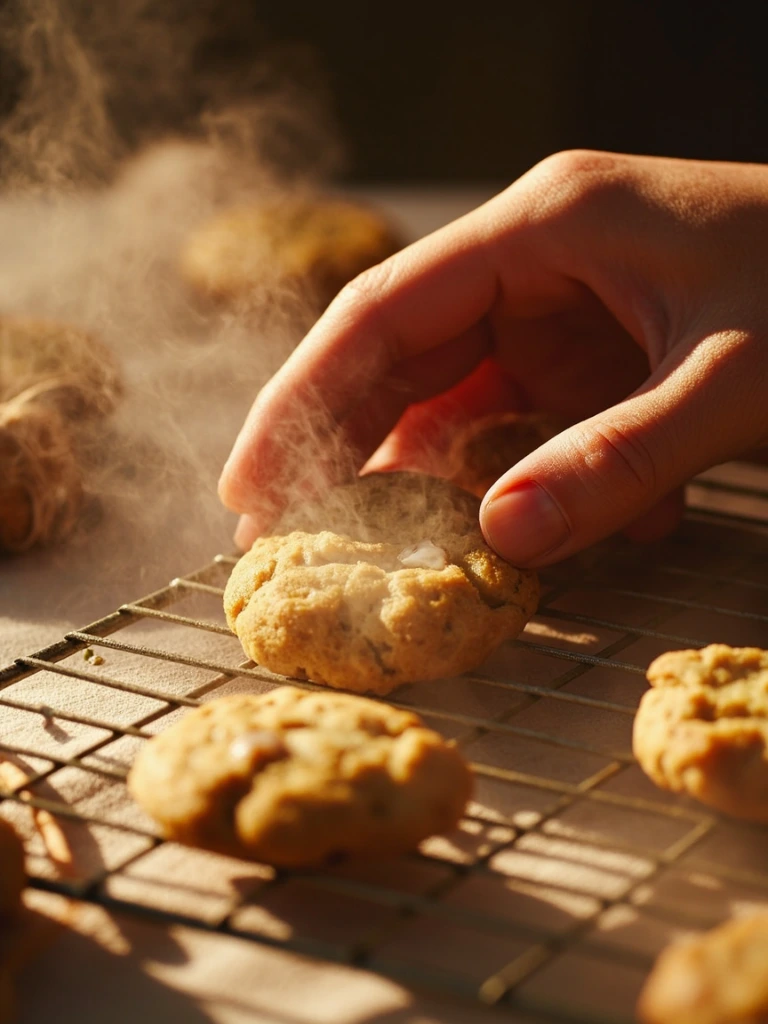 A hand lifting a warm cookie from the cooling rack.
