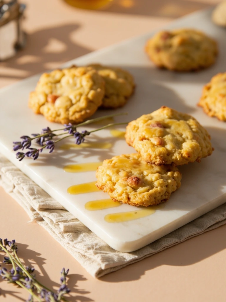 Honey lavender cookies with dried lavender and a honey drizzle