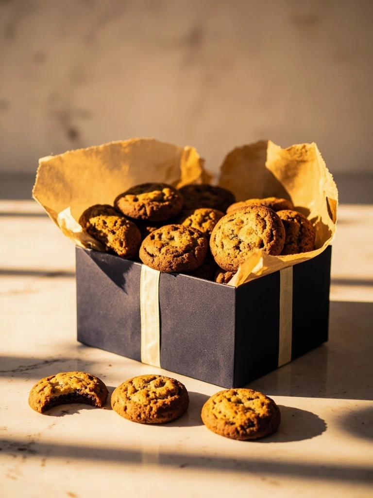 A navy gift box with eighteen assorted cookies inside
