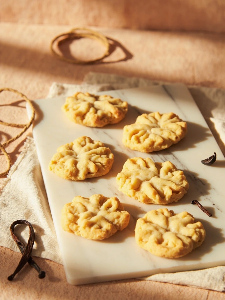 Six vanilla bean cookies next to split vanilla pods on marble